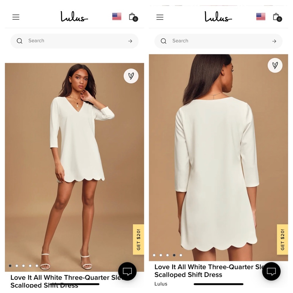 Lulu's Love It White 3/4 Sleeve Scalloped Hem Mini Shift Dress
